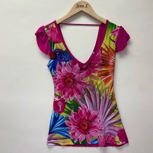In Joy Clothing Pink Floral Embellished Blouse Top Scoop Neck Cap Sleeve